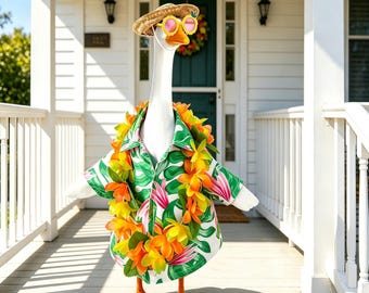 23" Porch Goose Hawaiian Outfit Set, Tropical Shirt, Lei, Straw Hat & Sunglasses, Lawn Goose Summer Decor, Funny Housewarming Gift