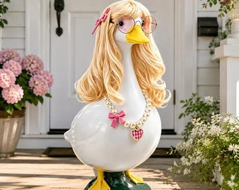 Blonde Glam Porch Goose Outfit Cute Pink Bow Pearl Necklace Garden Goose Costume, Farmhouse Front Porch Decor Whimsical Outdoor Yard Display