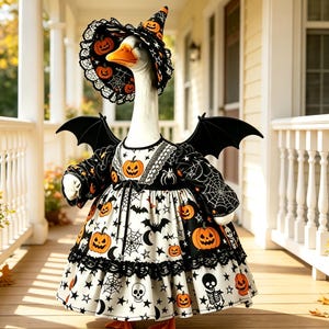 May include: A white goose figurine wearing a black and white dress with orange pumpkin, spiderweb, bat, star, and skeleton prints. The goose wears a matching pointed hat with lace trim and black bat wings attached to the back of the dress.