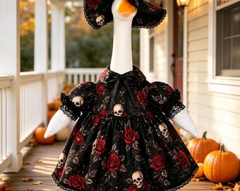 Halloween Porch Goose Outfit, Black Gothic Goose Costume, Rose Skull Dress Hat Set, 23 Inch Lawn Goose Clothes, Fall Porch Decor
