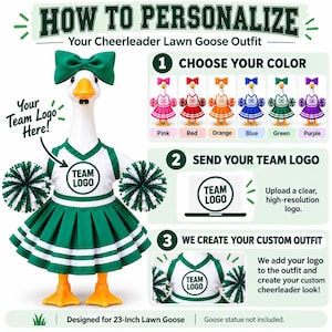K&ouml;nnte beinhalten: Eine wei&szlig;e Garten-Gans-Statue in einem gr&uuml;n-wei&szlig;en Cheerleader-Outfit mit passender Schleife und Pompons. Das Outfit bietet Platz f&uuml;r ein Team-Logo. Die Grafik enth&auml;lt Anleitungen zur Farbwahl, zum Hochladen eines Logos und zur Erstellung eines individuellen Outfits f&uuml;r eine 58,42 cm gro&szlig;e Garten-Gans.