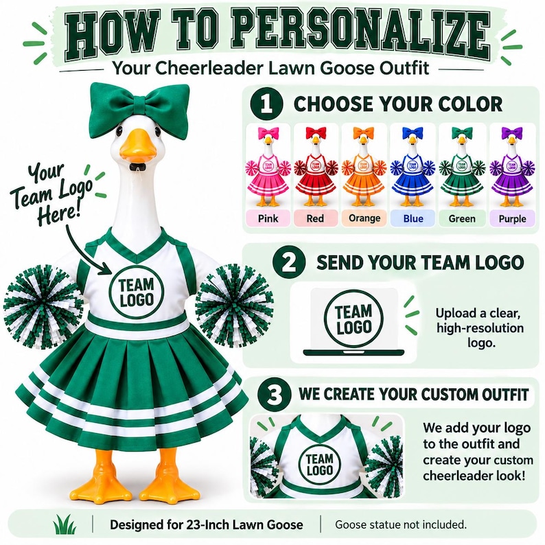 K&ouml;nnte beinhalten: Eine wei&szlig;e Garten-Gans-Statue in einem gr&uuml;n-wei&szlig;en Cheerleader-Outfit mit passender Schleife und Pompons. Das Outfit bietet Platz f&uuml;r ein Team-Logo. Die Grafik enth&auml;lt Anleitungen zur Farbwahl, zum Hochladen eines Logos und zur Erstellung eines individuellen Outfits f&uuml;r eine 58,42 cm gro&szlig;e Garten-Gans.