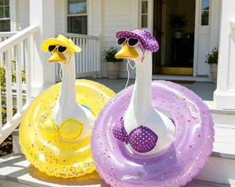 23" Porch Goose Summer Bikini Outfit, 9 Fun Patterns, Complete 5-Piece Set with Hat, Sunglasses & Swim Ring, Lawn Goose Decor