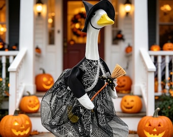Halloween Witch Goose Outfit for 23 Inch Porch Goose, Black Spider Web Dress with Witch Hat & Broom, Goose Clothes, Halloween Porch Decor