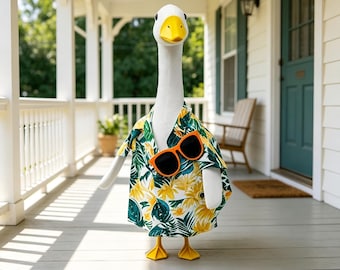 23" Porch Goose Hawaiian Shirt Outfit Set, Tropical Floral Shirt with Sunglasses, Lawn Goose Summer Decor, Funny Housewarming Gift