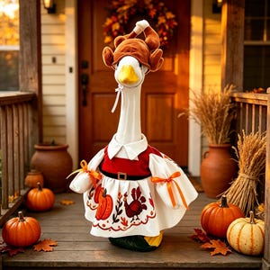 May include: A white goose statue wearing a brown plush turkey hat with a white chin strap and a white dress featuring a red bodice, a black belt, and a skirt printed with orange pumpkins and brown turkeys, accented with orange ribbon sleeve ties.