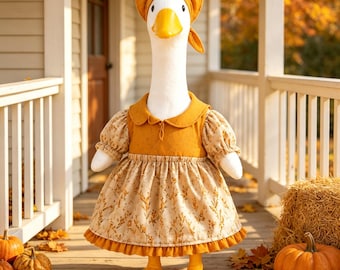 Vintage Autumn Floral Goose Outfit for 23" Lawn Goose, Fall Harvest Dress with Headscarf