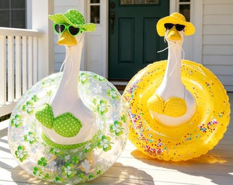 23" Porch Goose Summer Bikini Outfit, 9 Fun Patterns, Complete 5-Piece Set with Hat, Glasses & Swim Ring, Lawn Goose Decor