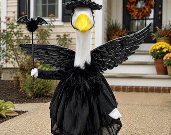 Halloween Lawn Goose Outfit, Black Witch Costume with Bat Wings, Spooky Porch Goose Decor