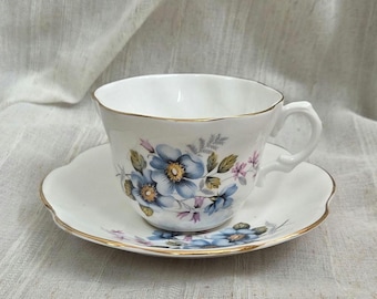 Vintage English Bone China Teacup Saucer | Blue Floral Pattern | Gilt Edged | circa 1960s