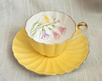 Shelley England Vintage Teacup and Saucer | Freesia Pattern | Yellow Ludlow Shape| Rare Collectible