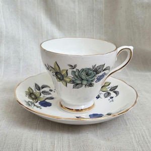 Vintage Delphine Teacup Saucer | Teal Blue Rose Floral China Set