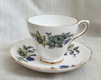 Vintage Delphine Teacup Saucer | Teal Blue Rose Floral China Set