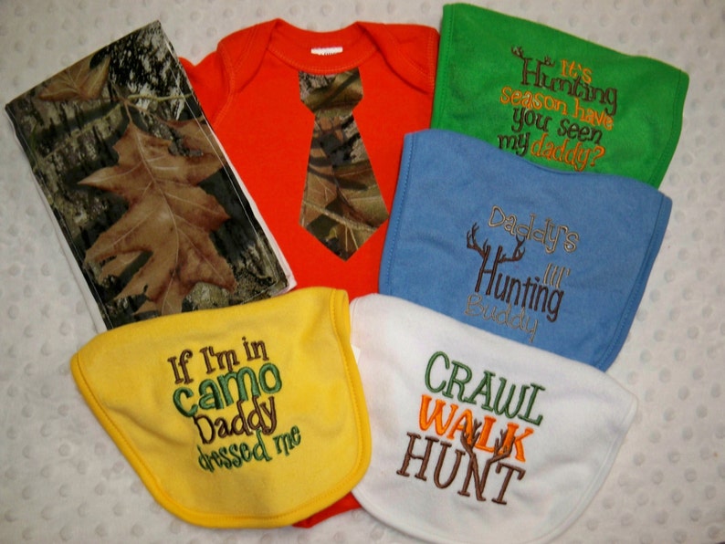 6 Piece Camo Baby Boy Gift Set Orange Bodysuit with Camo Tie Camo Burp Cluth and set of 4 Hunting Bibs Orange and Camo Bodysuit Camo Baby