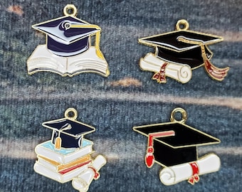 Graduation Cap Alloy and Enamel Charms - gold backs