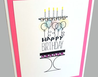 Birthday Card, Happy Birthday Cake with Candles, Cute Birthday Card, Birthday Candles, Birthday Card for Her, cake, pink, candles, balloons