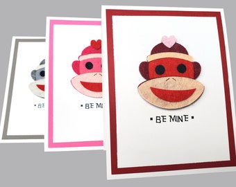 Sock monkey valentines day card, be mine sock monkey, valentines for kids, handmade valentine card for her