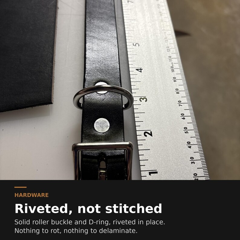 May include: A black leather strap featuring a silver metal D-ring and a solid roller buckle, both secured with rivets. A metal ruler is placed alongside the strap, showing a width of approximately 0.75 inches. Text reads: HARDWARE Riveted, not stitched.