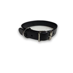 May include: A black leather collar featuring a silver-toned metal buckle, a rectangular loop, and a circular D-ring. The collar has multiple adjustment holes along the strap, providing a secure fit for the wearer with its classic design.