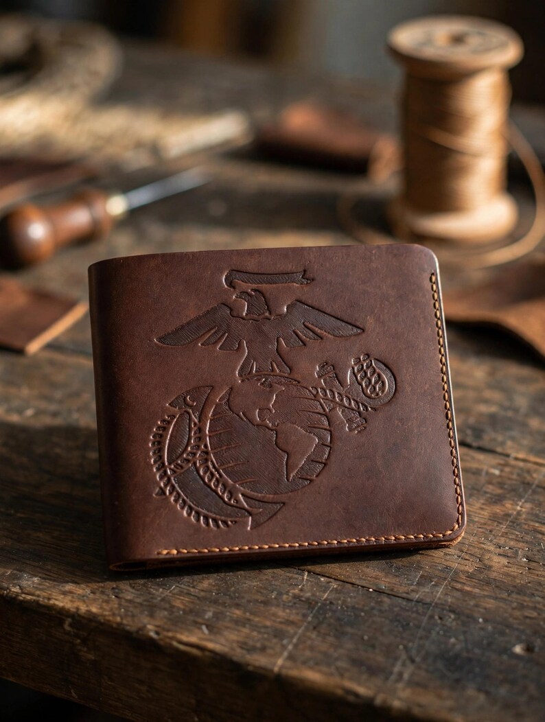 May include: A dark brown leather bifold wallet featuring an embossed United States Marine Corps Eagle, Globe, and Anchor emblem on the front cover. The wallet has visible tan stitching along the edges and a smooth, matte finish.