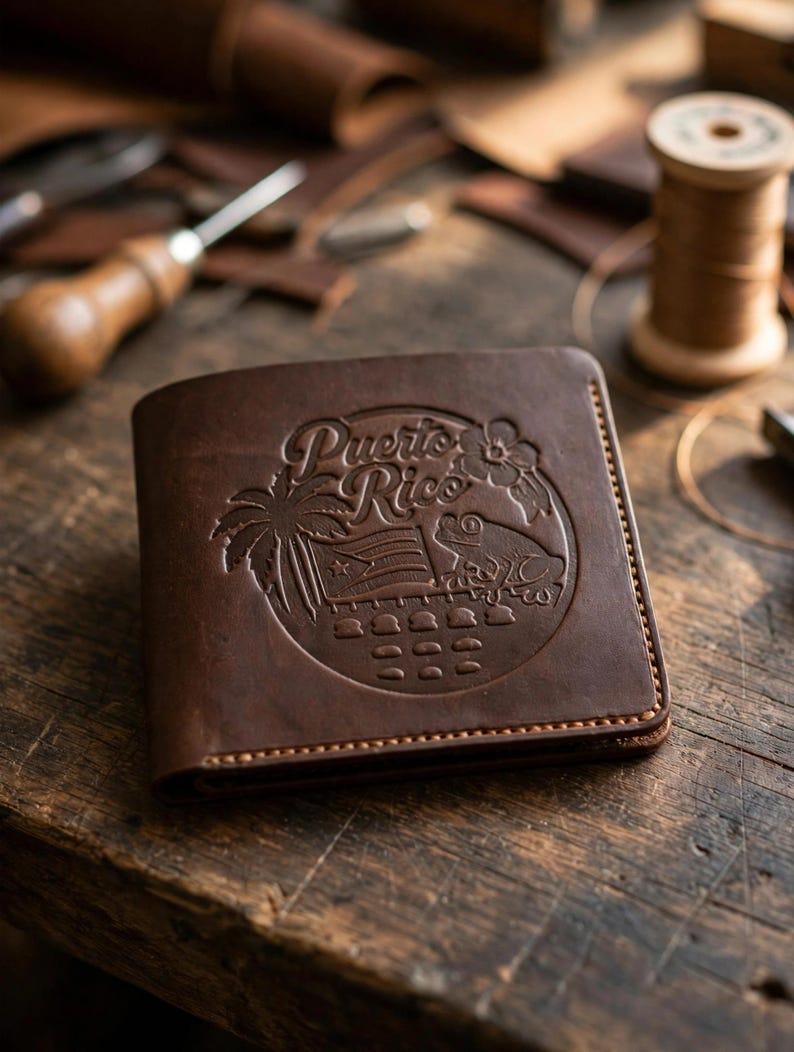 May include: A dark brown leather bifold wallet featuring an embossed circular design on the front. The design includes the text Puerto Rico, a palm tree, a flag, a coqui frog, and a hibiscus flower, all stitched with light brown thread.