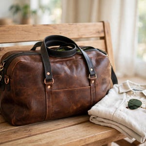 May include: A brown leather duffel bag with black leather handles and trim, featuring copper-toned metal hardware. Beside the bag lies a folded light-colored button-down shirt and a pair of gold-framed aviator sunglasses with dark lenses.