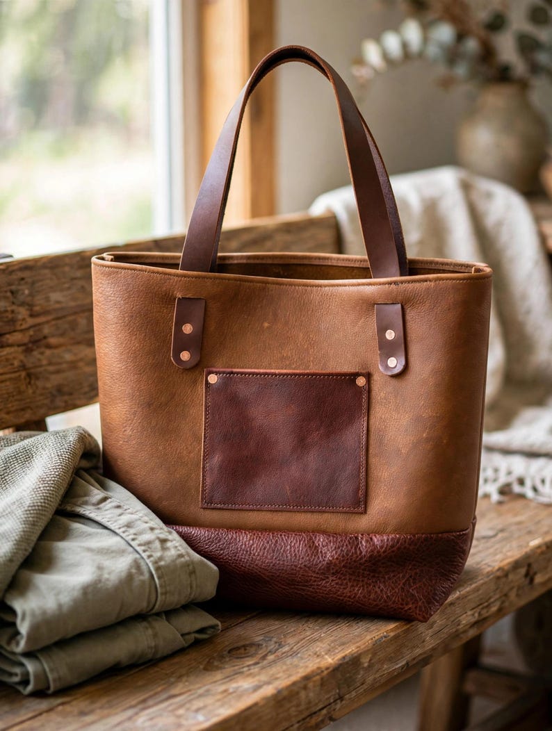 May include: A medium brown leather tote bag featuring two long shoulder straps, a dark brown rectangular exterior pocket, and a dark brown textured leather base. The straps are secured with visible copper-colored metal rivets.