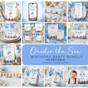 ONEder the Sea Birthday Party Bundle, Ocean First Birthday Canva Templates