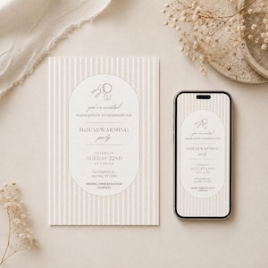 Puede incluir: Una tarjeta de invitaci&oacute;n rectangular para una fiesta de inauguraci&oacute;n y un tel&eacute;fono inteligente que muestra el mismo dise&ntilde;o. Ambos presentan un fondo de rayas verticales beige y blanco con un marco central arqueado que contiene un icono de llave y texto.