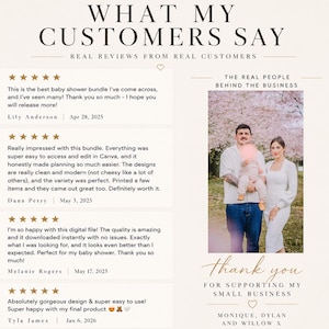 Puede incluir: Un gr&aacute;fico de rese&ntilde;as de clientes titulado WHAT MY CUSTOMERS SAY que presenta cuatro rese&ntilde;as de cinco estrellas de Lily Anderson, Dana Perry, Melanie Rogers y Tyla James. A la derecha, una foto muestra a Monique, Dylan y Willow bajo cerezos.