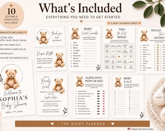 Teddy Bear Baby Shower Bundle Editable Canva Template | Neutral Shower Games & Decor