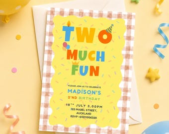 Invitación de cumpleaños "Two Much Fun", plantilla editable de Canva para el segundo cumpleaños (descarga digital)