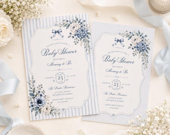 Plantilla editable de invitación para baby shower con estampado floral azul francés en Canva / Descarga de estilo vintage parisino Toile