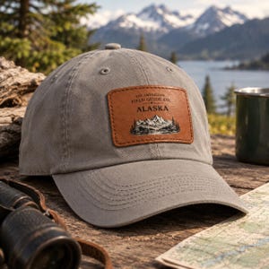 Alaska Mountain Leather Patch Dad Hat | Rectangle Patch Cap