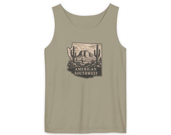 Tanktop mit Wüstenlandschaft aus dem amerikanischen Südwesten | Kaktus, Tafelberg, Vintage-Abzeichen