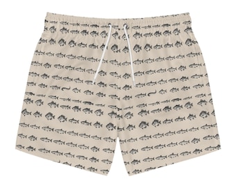 Calção de banho vintage com estampa de peixes | Shorts de praia com estampa total