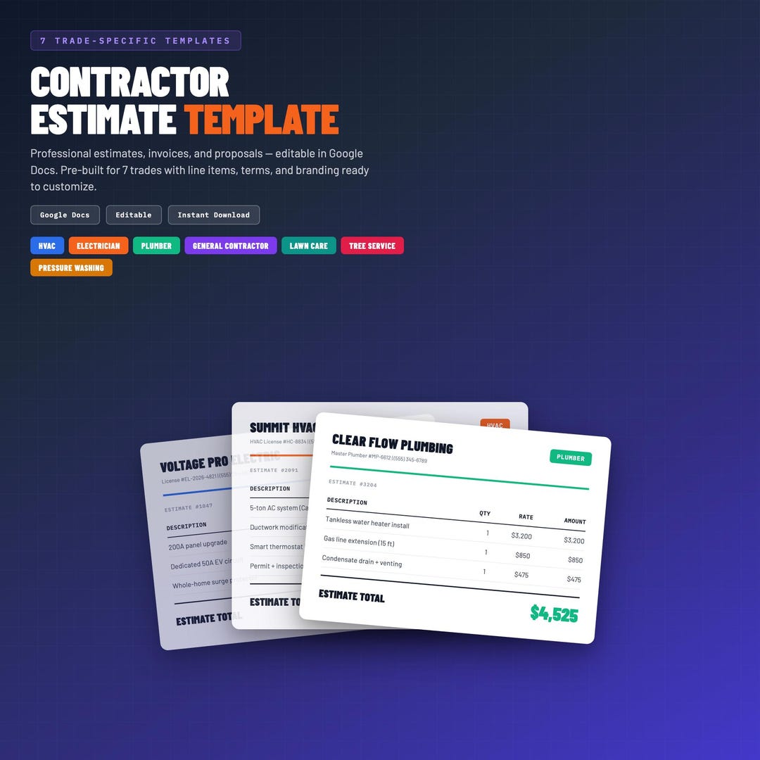 Contractor Estimate Template Editable Google Docs Invoice Quote HVAC ...
