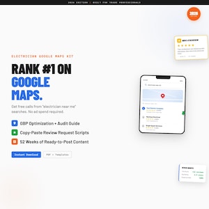 May include: A digital marketing kit for electricians, with the text "RANK #1 ON GOOGLE MAPS." The image includes a smartphone displaying Google Maps results, a 5-star review, and a review growth chart. The kit offers GBP optimization, audit guides, and ready-to-post content.