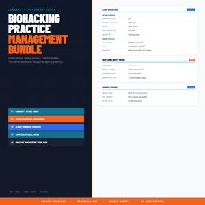 May include: A digital document titled "Biohacking Practice Management Bundle" with orange and blue accents. The document includes intake forms, safety waivers, and client trackers. The text "Instant Download" and "Printable PDF" are visible.