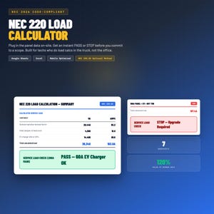 May include: A digital display for an NEC 220 Load Calculator, featuring a blue and white color scheme. The calculator provides instant PASS or STOP results for electrical load calculations. Includes data summaries and service load checks.