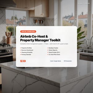 May include: A digital download titled "Airbnb Co-Host & Property Manager Toolkit." The white rectangular graphic includes a list of features such as property portfolio, revenue dashboard, and booking tracker. The toolkit is designed for rental management.