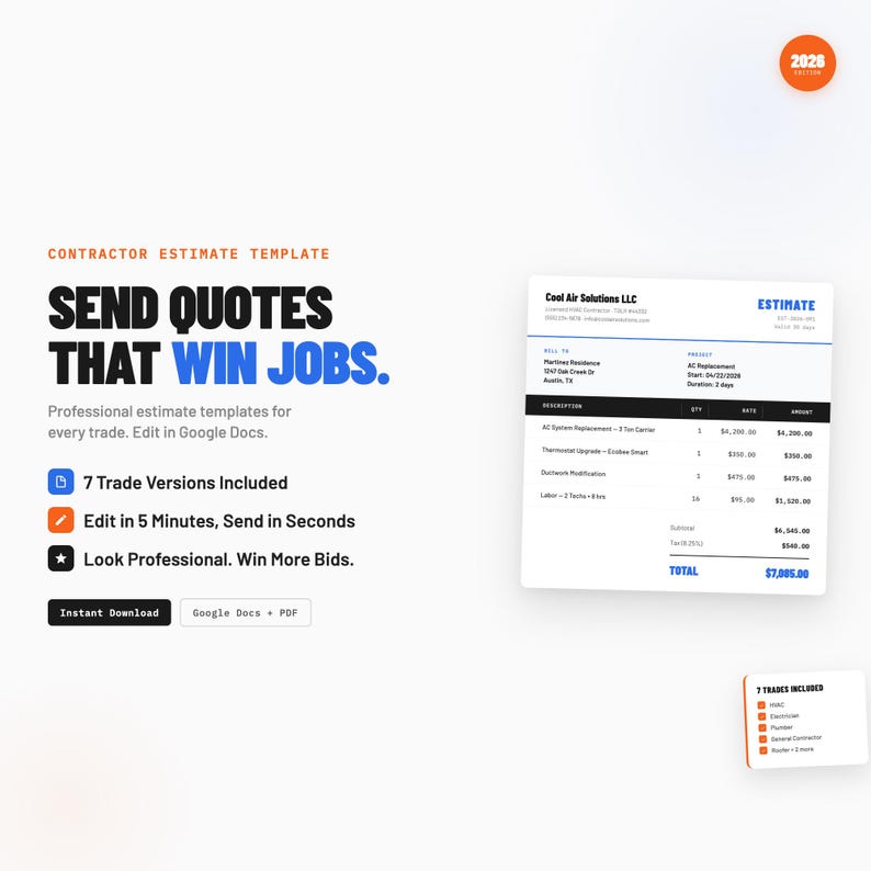 Contractor Estimate Template Editable Google Docs Invoice Quote HVAC ...