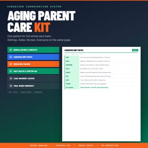May include: A digital Aging Parent Care Kit with a dark blue and green background. The kit includes sections for medical history, shift notes, medication tracking, and legal documents. Text includes "Caregiver Coordination System" and "Instant Download."