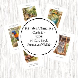 May include: A collection of printable affirmation cards for kids featuring Australian wildlife. The cards are arranged in a circular pattern, with images of a koala, a bird, and other animals. The text on the cards includes words like "Gentleness" and "Gratitude."