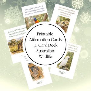 May include: A set of printable affirmation cards with Australian wildlife imagery. The cards show a kangaroo, a rainbow lorikeet, a cockatoo, a koala, and an ibis. The cards have affirmations such as "I live my life in full colour."