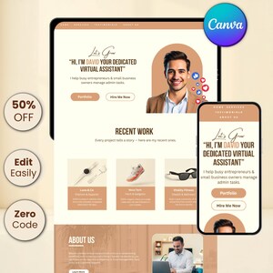 May include: A digital website template displayed on a tablet and smartphone screen featuring a virtual assistant service. The design uses a beige and brown color palette with text reading Let's Grow, HI, I'M DAVID YOUR DEDICATED VIRTUAL ASSISTANT, and Recent Work. Includes circular badges stating 50% OFF, Edit Easily, and Zero Code.