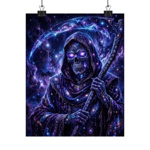 銀河の死神マットポスター｜宇宙の骸骨アート、紫の星雲