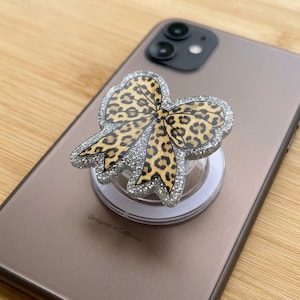 Leopard Print Bow Phone Grip - Glitter Coquette Bow Resin Phone Socket - Trendy Animal Print Phone Accessory for Women - Cute Gift for Her