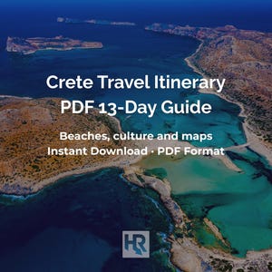 Può includere: Vista aerea dell'isola di Creta con acque turchesi e terreno aspro. L'immagine presenta il testo "Crete Travel Itinerary PDF 13-Day Guide" e "Beaches, culture and maps".