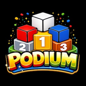 May include: A colorful illustration of a podium with stacked blocks. The top block is white, with red, blue, and orange blocks below. The word "PODIUM" is in large, yellow letters with a blue outline. Numbers 1, 2, and 3 are visible.